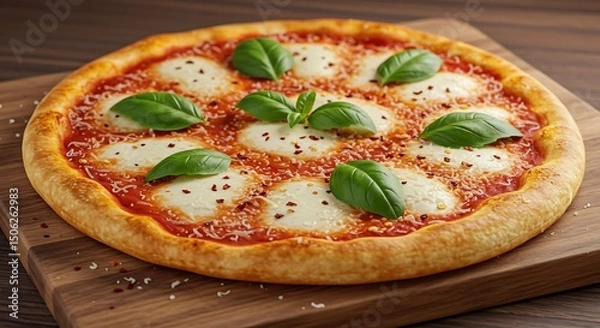 Obraz Fresh Margherita pizza on a cutting board with parmesan and chili flakes sprinkled around, ready to be served