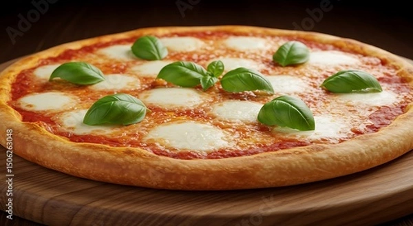 Obraz Close-up of a freshly baked Italian Margherita pizza with melted mozzarella and fresh basil leaves on a wooden board