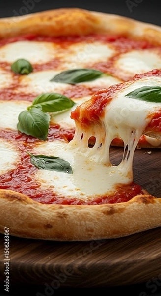 Obraz Close-up of a freshly baked Italian Margherita pizza with melted mozzarella and fresh basil leaves on a wooden board