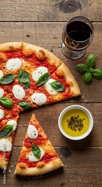Obraz Top view of a sliced Margherita pizza served with olive oil and a glass of red wine on a rustic table