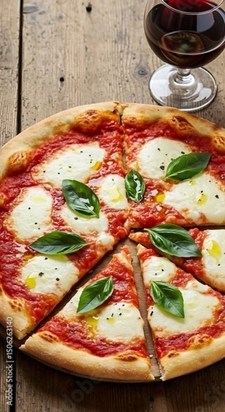 Obraz Top view of a sliced Margherita pizza served with olive oil and a glass of red wine on a rustic table