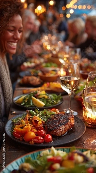 Fototapeta Joyful Dinner Party Laughter with Food, and and Friends.