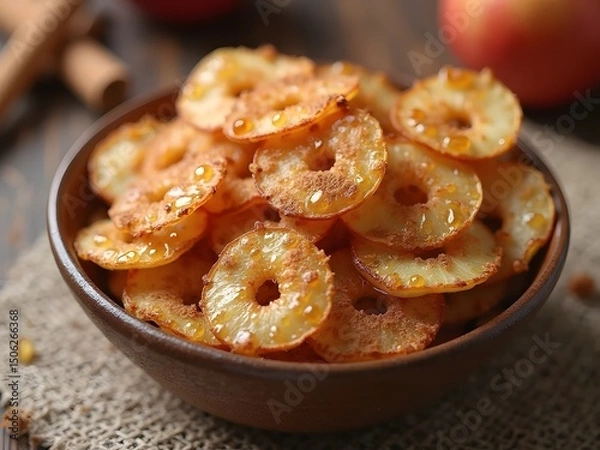 Obraz Gourmet Apple Cinnamon Chips: Elegant apple chips infused with cinnamon and a touch of honey, baked to perfection and arranged in a ceramic bowl for a cozy gourmet snack experience.