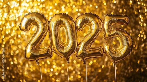 Fototapeta Golden 2025 Foil Balloons Floating on a Shimmering Bokeh Background
