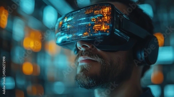 Fototapeta Modern office virtual reality scene with man using immersive digital content