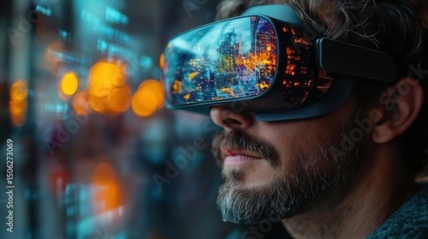 Fototapeta Modern office virtual reality scene with man using immersive digital content