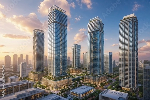 Fototapeta Stunning Urban High-Rises and Dynamic Commercial Office Spaces in Lively Cityscapes