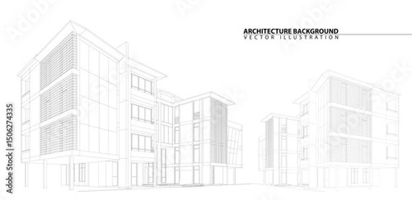 Fototapeta Perspective 3D render of building wireframe - Vector illustration 