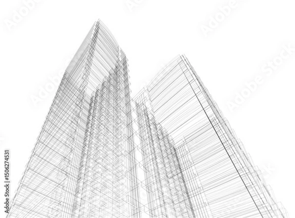 Fototapeta Perspective 3D render of building wireframe - Vector illustration 