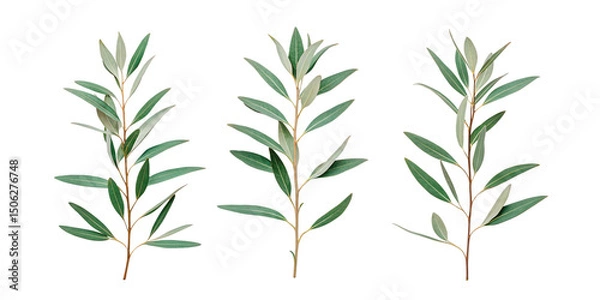 Fototapeta Row of three eucalyptus branches in minimalist style, isolated on transparent background