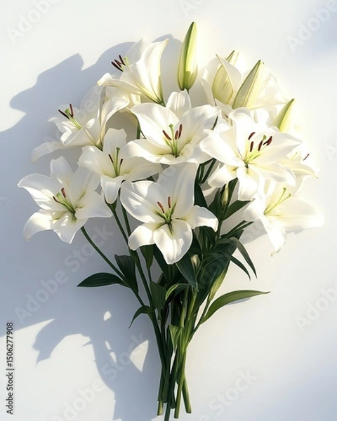 Fototapeta Elegant white lily bouquet on a soft background, perfect for floral art, wedding themes, natural decor, and minimalist botanical compositions.

