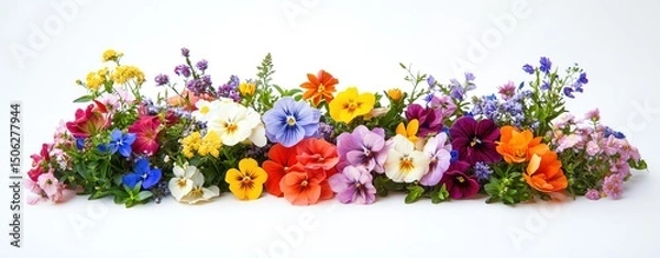 Fototapeta Colorful flower arrangement featuring vibrant blooms of various species, including roses, pansies, and wildflowers, on a clean white background, perfect for botanical designs and creative projects.
