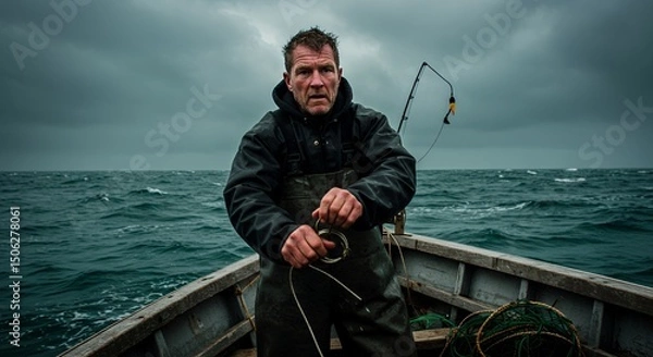 Obraz A lone fisherman on a boat at sea, battling the elements.