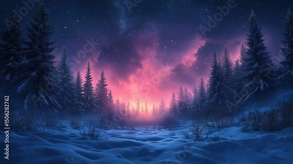 Fototapeta Winter night landscape with snowy forest and fir branches