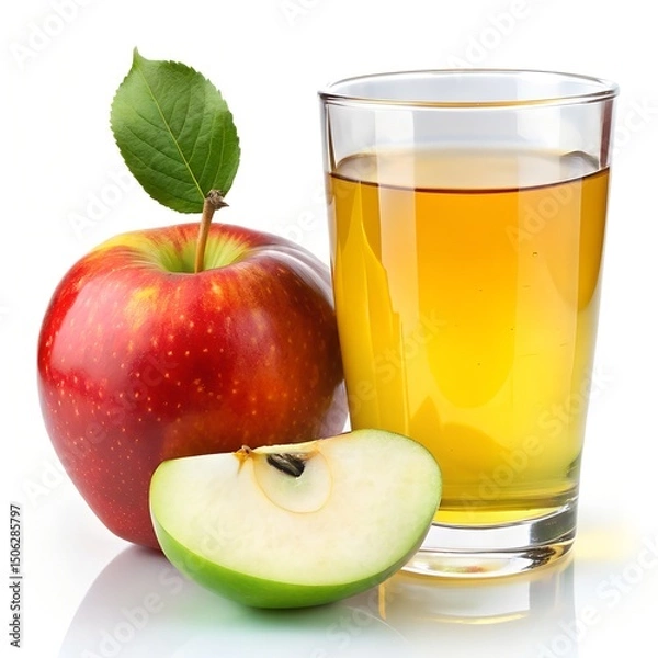 Obraz Fresh red and green apples with a glass of golden apple juice on white background, healthy fruit beverage