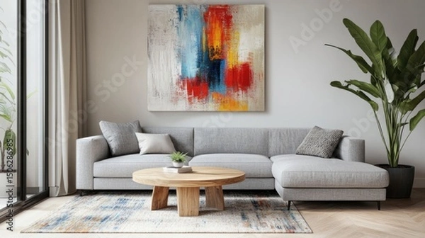 Fototapeta Modern Living Room Interior Design with Abstract Art
