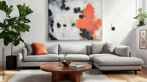 Fototapeta Modern Living Room Interior Design with Sectional Sofa and Abstract Art