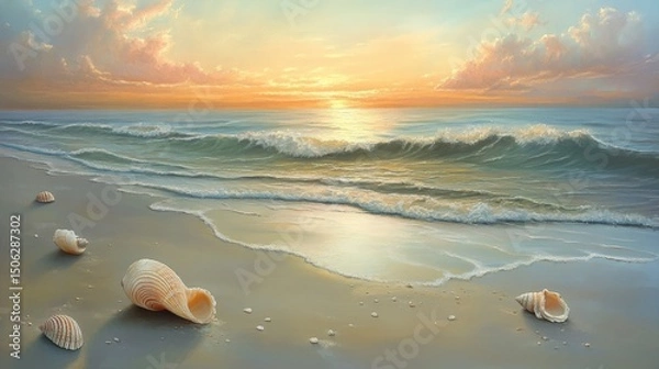 Fototapeta Seashells on the Beach at Sunset: A Serene Coastal Painting