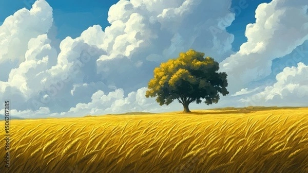 Fototapeta Golden Field Under a Summer Sky: A Lone Tree in a Vast Wheat Field