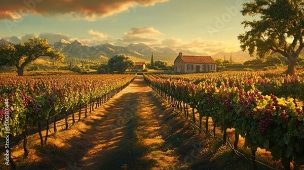 Fototapeta Picturesque Vineyard at Sunset: A Serene Rural Landscape