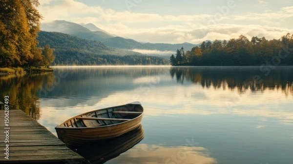 Fototapeta Serene Lake Morning: A Wooden Rowboat at Dawn