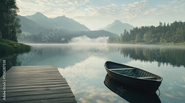 Fototapeta Serene Misty Mountain Lake with Rowboat at Dawn