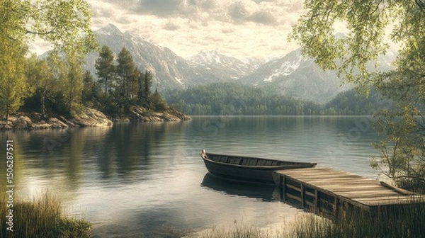 Fototapeta Serene Lakeside Escape: A Tranquil Boat at the Wooden Dock