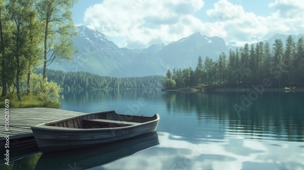 Fototapeta Serene Mountain Lake with Rowboat at Wooden Dock