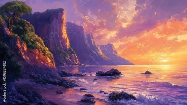 Fototapeta Golden Sunset Coastal Cliffscape: A Serene Ocean View