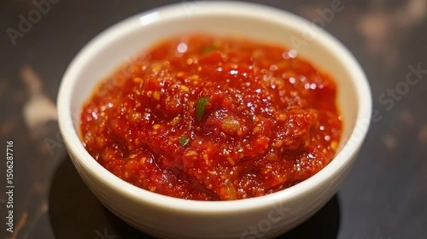 Fototapeta Delicious red spicy chili sauce in bowl perfect for asian cuisine recipes