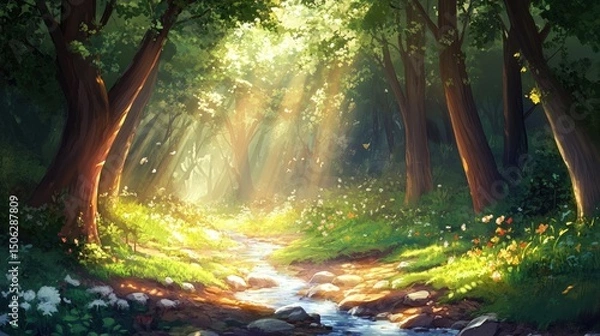 Fototapeta Sunlit Forest Path: A Serene Digital Painting of a Magical Woodland Stream