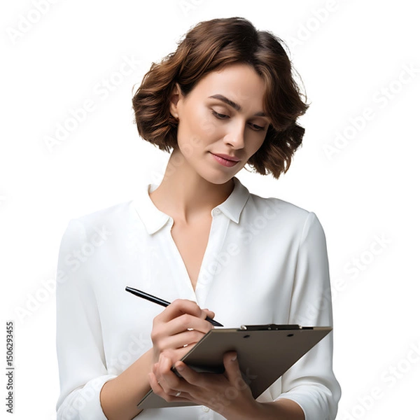 Fototapeta Woman in white shirt writing on clipboard with pen looking down in studio with transparent background