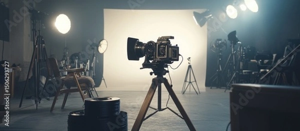 Fototapeta Vintage Film Studio Setup: Classic Camera on Tripod, Lights, and Film Reels