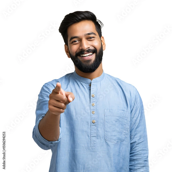 Fototapeta A smiling man with a beard wearing a light blue kurta pointing his finger towards the viewer on black background on transparent background