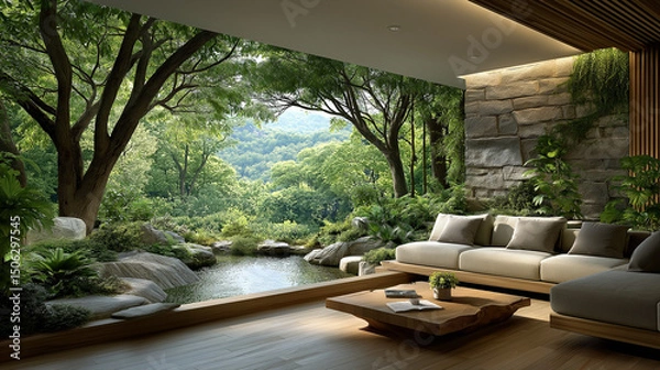 Obraz Harmonious Haven: An interior space seamlessly blending indoor and outdoor elements, with a natural aesthetic, offering a serene and tranquil ambiance.