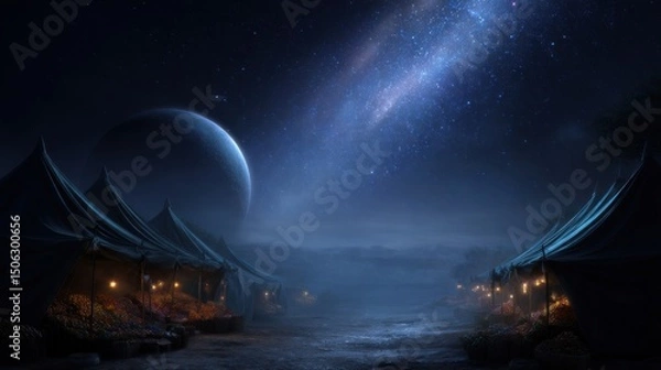 Fototapeta A dark night sky with a large planet in the background