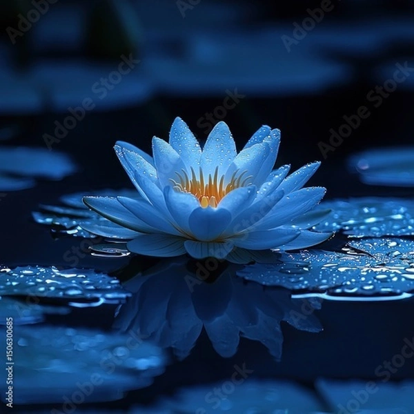 Fototapeta Blue Lotus Flower Floating on Water with Reflection and Water Droplets