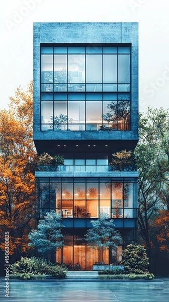 Fototapeta Modern Concrete Building with Glass Windows and Autumn Tree Surroundings