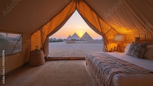 Fototapeta Bedroom Tent View Overlooking the Egyptian Pyramids at Sunset