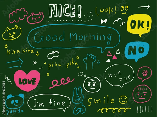 Obraz 手描きイラストセット　落書き　黒板アート　チョーク