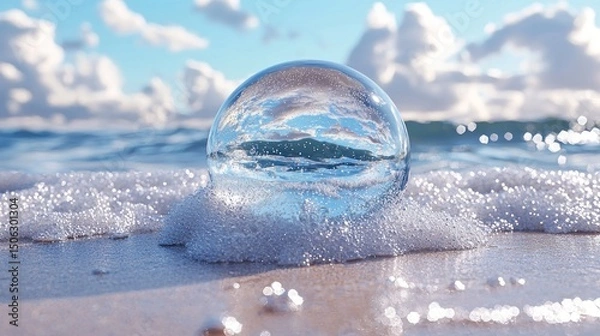 Fototapeta Glass Orb Reflecting Ocean Waves on Sandy Beach with Cloudy Sky