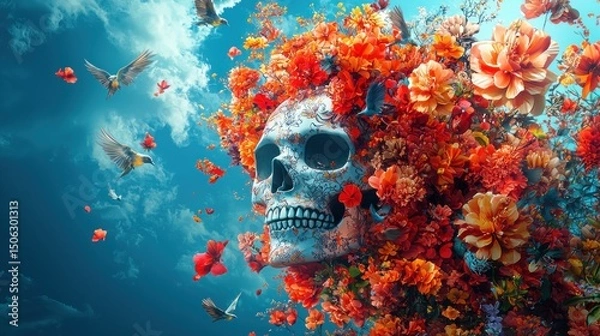 Fototapeta Ornate Skull Surrounded by Flowers and Birds Against a Sky Background