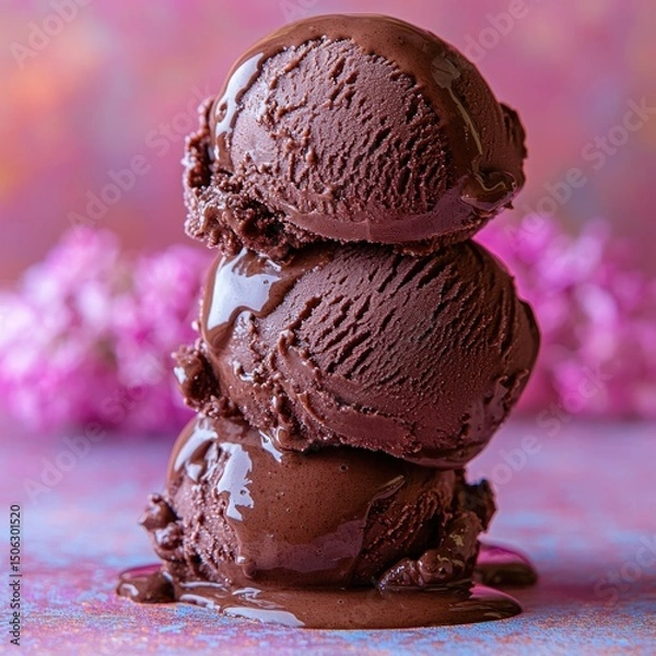 Fototapeta Delicious Stack of Chocolate Ice Cream Scoops with Dripping Sauce