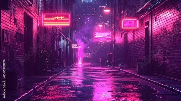 Fototapeta Neon Lit Alleyway with Rain and Cityscape in a Cyberpunk Style