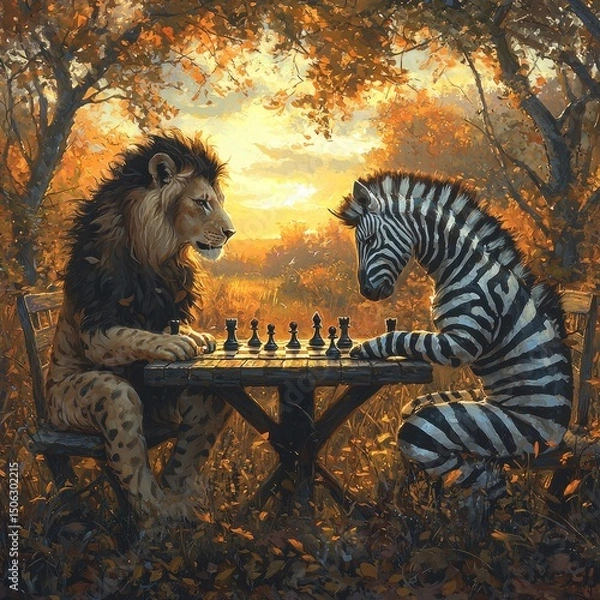 Fototapeta Lion and Zebra Playing Chess in Autumn Field at Sunset
