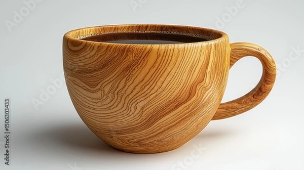 Fototapeta Coffee in Wooden Cup Featuring Unique Grain Pattern on a White Background