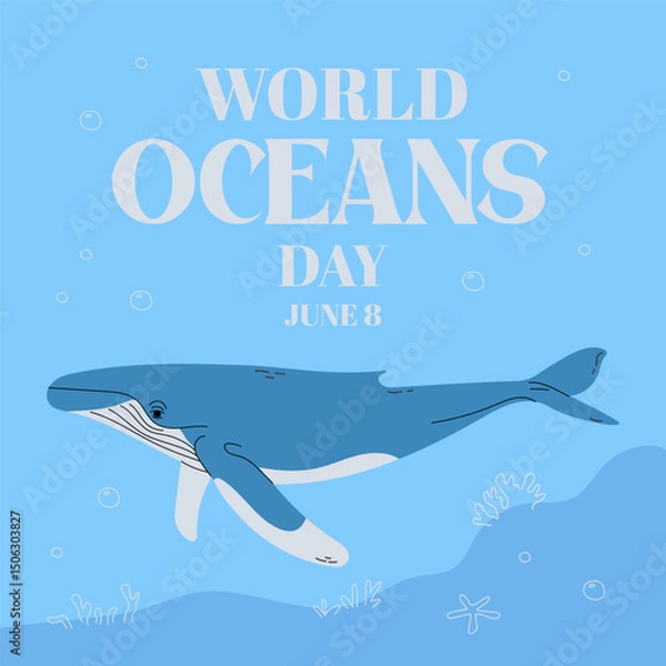 Obraz World oceans day template with humpback whale ocean animal. Template for postcard, poster, banner. Vector illustration