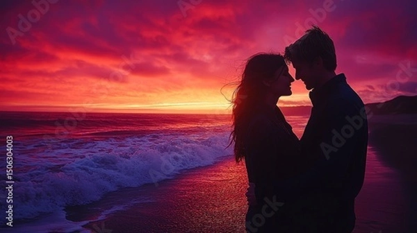 Fototapeta Couple Embracing on Beach During Vivid Sunset with Ocean Waves