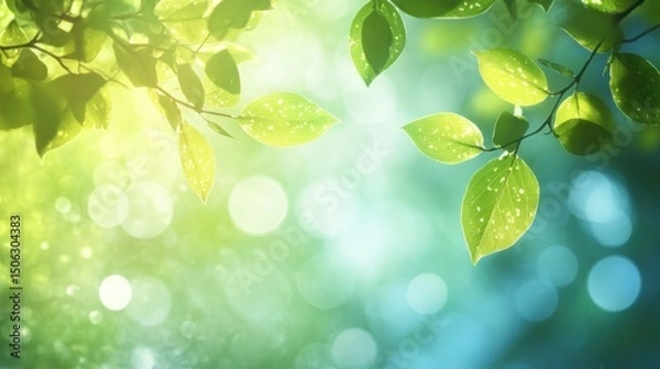 Fototapeta Fresh Green Leaves and Bokeh Lights Creating a Natural Spring Background