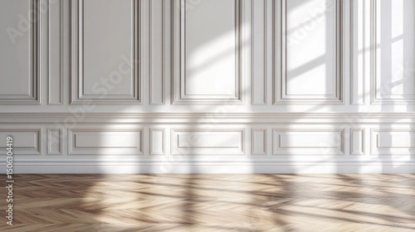 Fototapeta Sunlight Streaming Into Empty Room with White Wall and Wood Floor